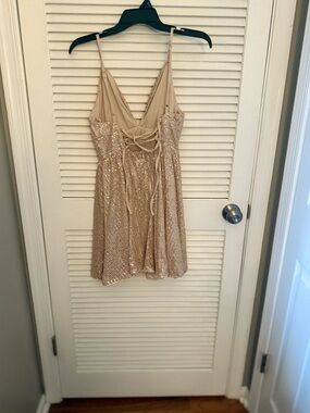 SHEIN Rose Gold Sequin Lace-Up V-Neck Mini Dress